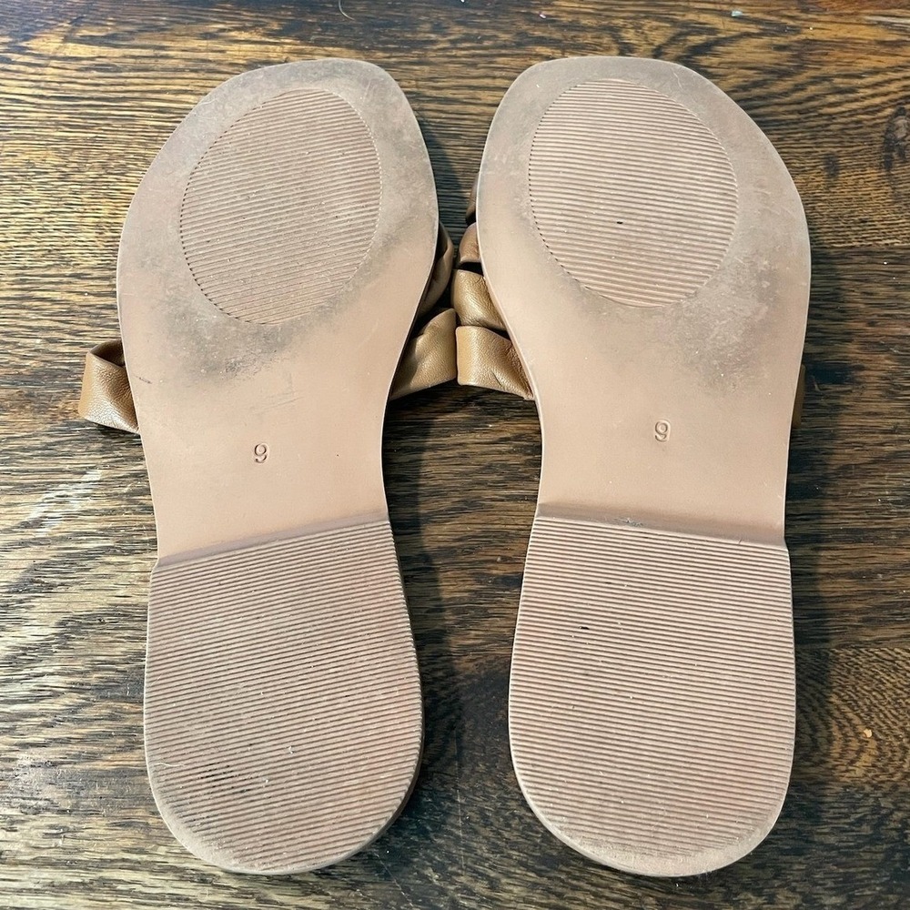 Womens Tan Leather Interwoven Strap Slide Sandals Square Toe Comfort Size 9 - Picture 3 of 3